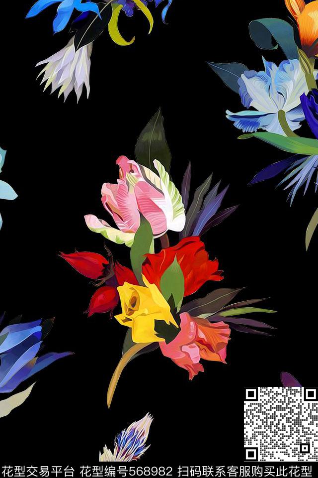 花卉立体暗黑数码印花华亿平台下载（图片编号: 568982） - 瓦栏（Walan）