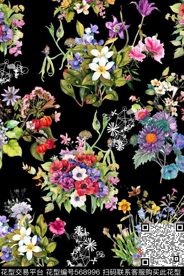 手绘花卉水彩数码印花华亿平台下载（图片编号: 568996） - 瓦栏（Walan）
