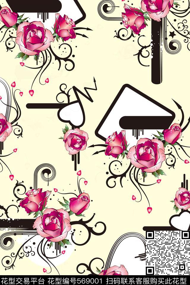 女装手绘玫瑰条纹图流行时尚花卉个性休闲传统印花华亿平台下载（图片编号: 569001） - 瓦栏（Walan）