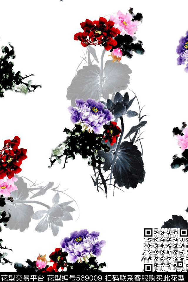 中国风国画绘画水墨花卉数码印花华亿平台下载（图片编号: 569009） - 瓦栏（Walan）