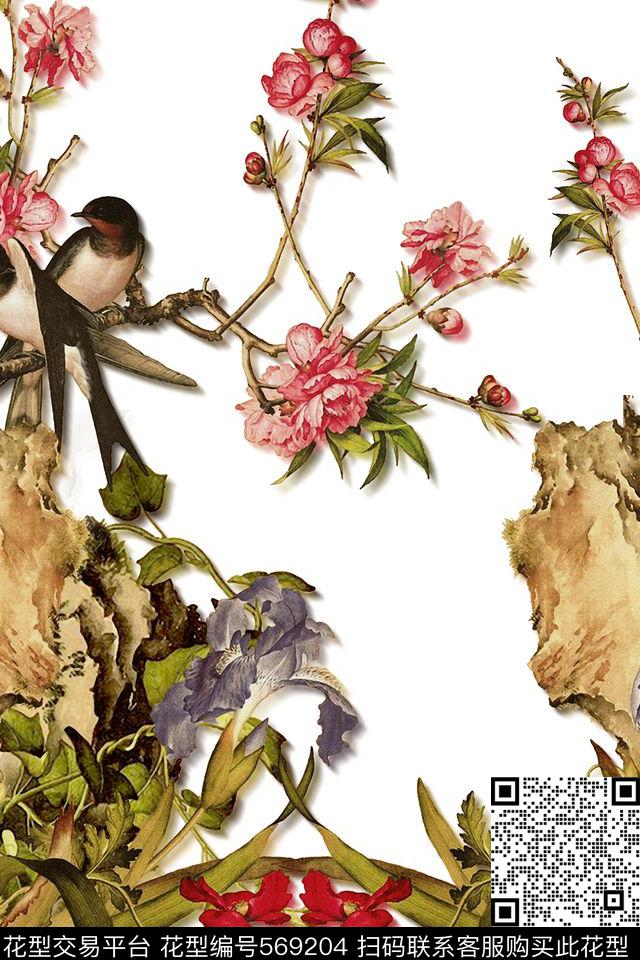 中国风燕子杜鹃花数码印花华亿平台下载（图片编号: 569204） - 瓦栏（Walan）