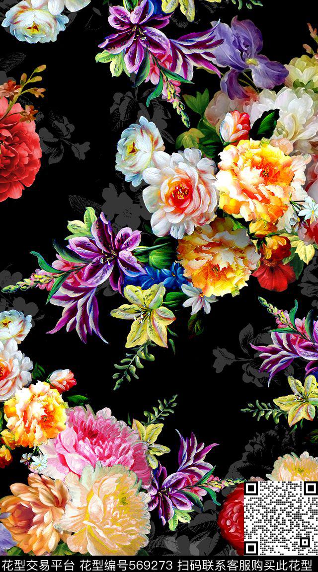抽象时尚创意大牌服装面料欧式底纹油画花卉组合数码印花华亿平台下载（图片编号: 569273） - 瓦栏（Walan）