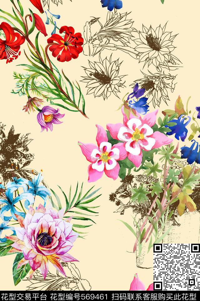 休闲风花卉线描套装数码印花华亿平台下载（图片编号: 569461） - 瓦栏（Walan）