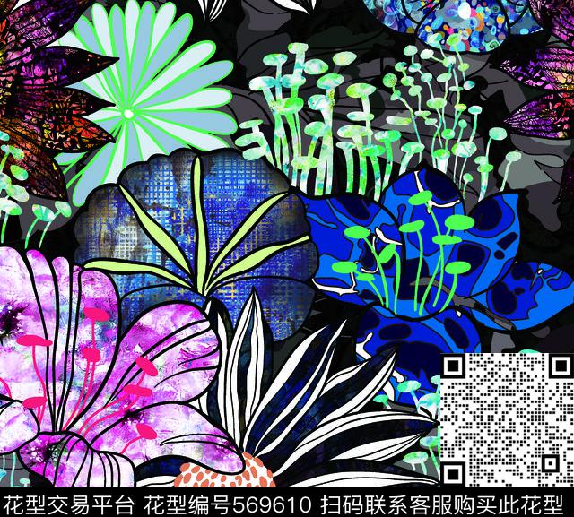 时尚流行淡雅花卉叠加肌理数码印花华亿平台下载（图片编号: 569610） - 瓦栏（Walan）