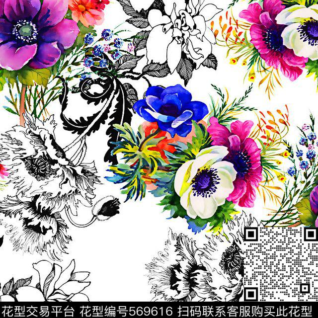 时尚流行流行花卉玫瑰花束传统印花华亿平台下载（图片编号: 569616） - 瓦栏（Walan）