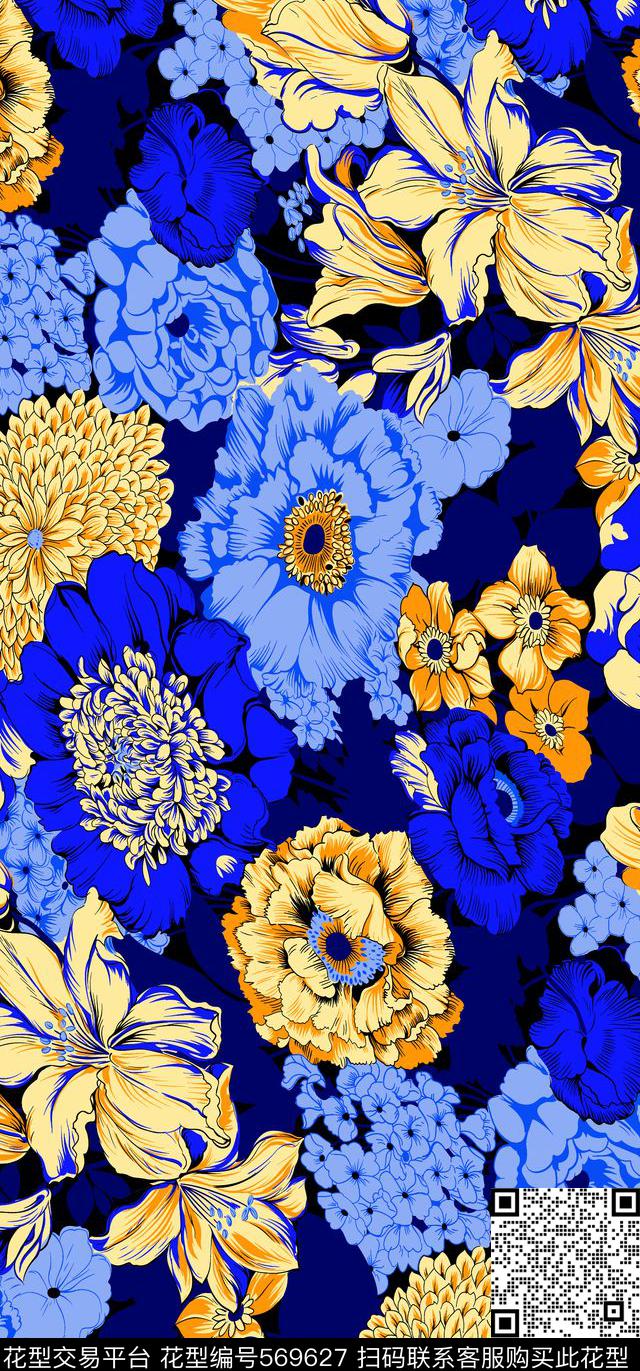 花卉组合分色牡丹传统印花华亿平台下载（图片编号: 569627） - 瓦栏（Walan）