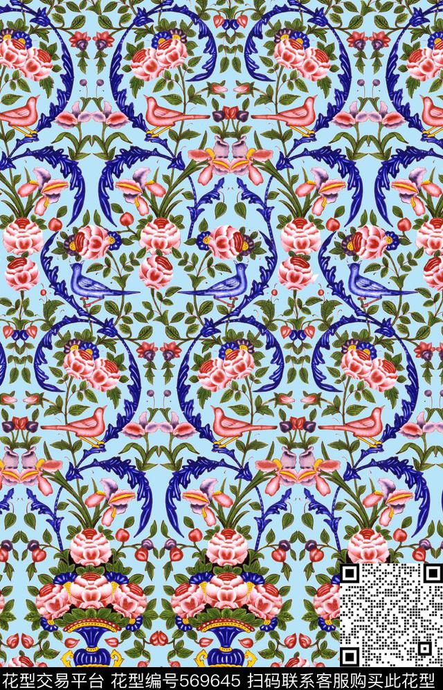 MAX-中国风民族风时尚手绘彩色瓷画花卉数码印花华亿平台下载（图片编号: 569645） - 瓦栏（Walan）