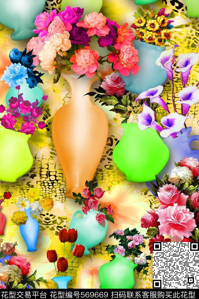 抽像花卉花卉花朵组合数码印花华亿平台下载（图片编号: 569669） - 瓦栏（Walan）
