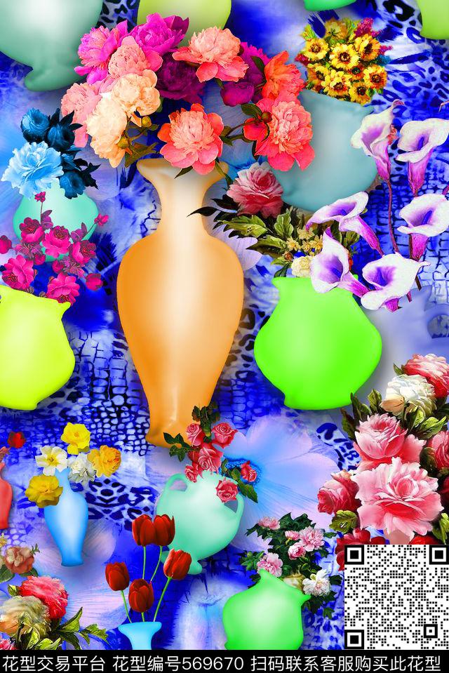 抽像花卉花卉花朵组合数码印花华亿平台下载（图片编号: 569670） - 瓦栏（Walan）