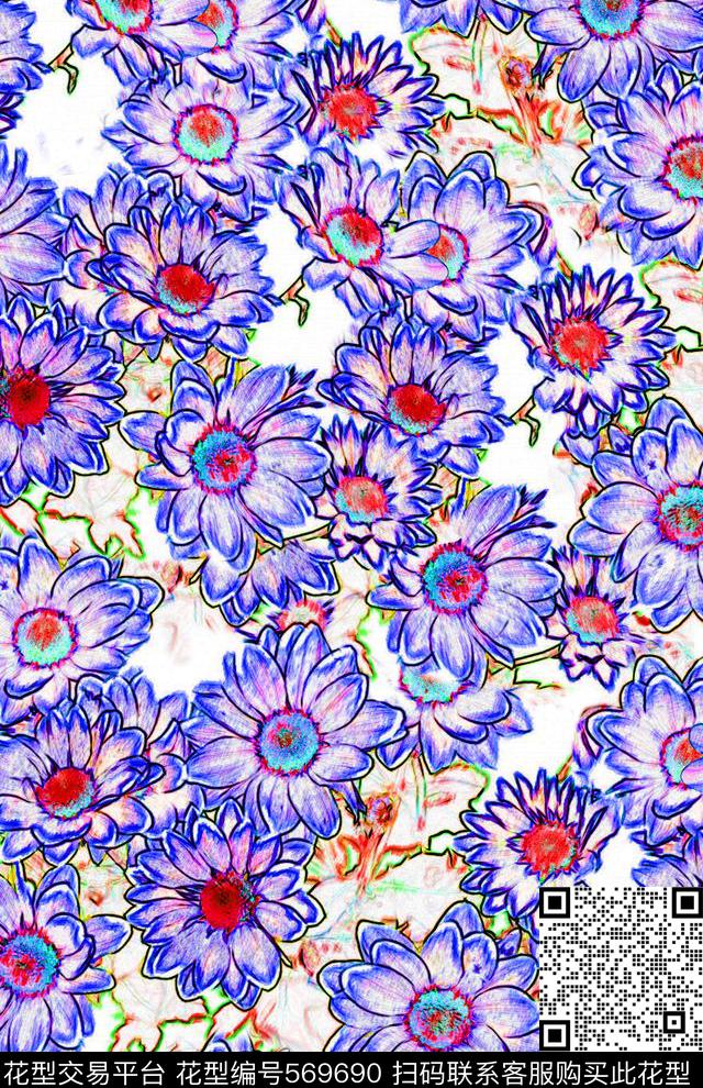 大丽花电子花卉红色数码印花华亿平台下载（图片编号: 569690） - 瓦栏（Walan）