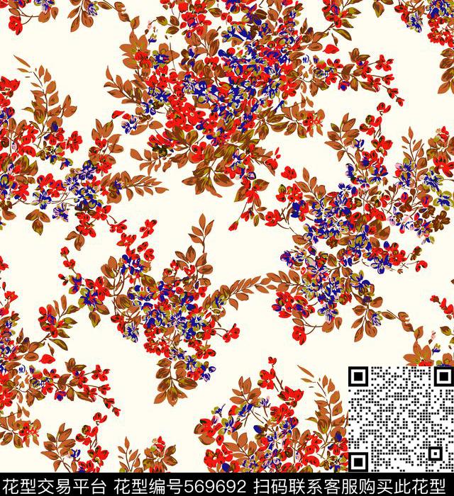 手绘印花浪漫花卉分色传统印花华亿平台下载（图片编号: 569692） - 瓦栏（Walan）
