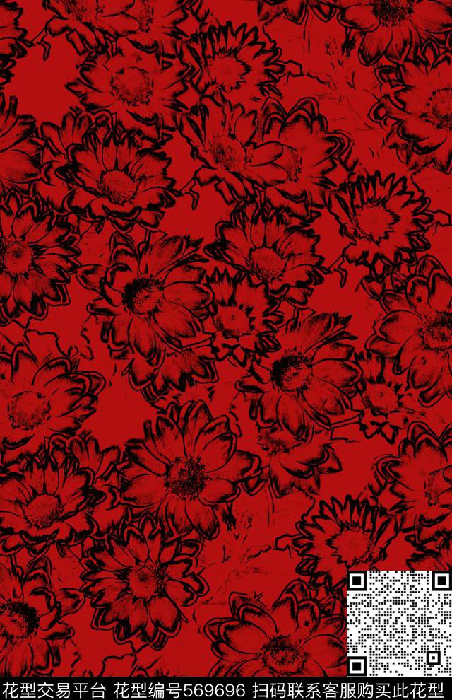 大丽花电子花卉红色传统印花华亿平台下载（图片编号: 569696） - 瓦栏（Walan）