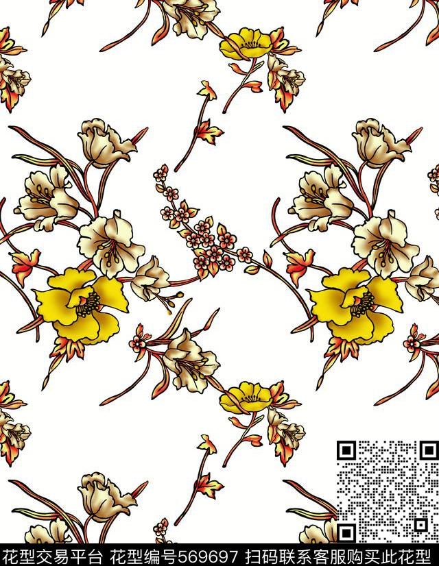 花卉手绘印花桃花传统印花华亿平台下载（图片编号: 569697） - 瓦栏（Walan）