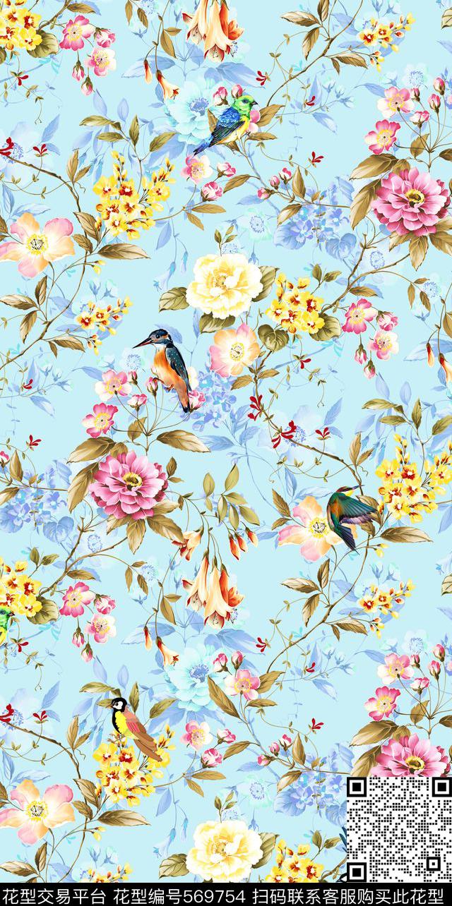 小清新花卉鸟数码印花华亿平台下载（图片编号: 569754） - 瓦栏（Walan）