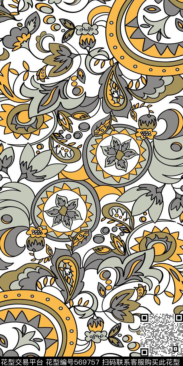 手绘抽像花卉花卉组合传统印花华亿平台下载（图片编号: 569757） - 瓦栏（Walan）