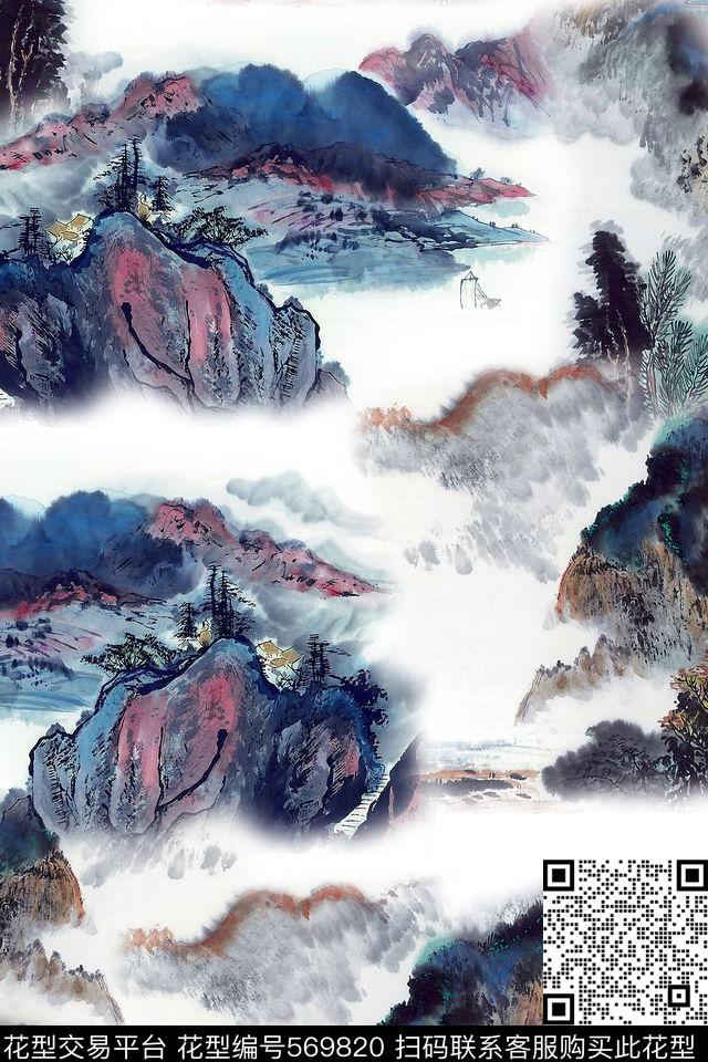 中国风绘画山水裙装麻料丝绸数码印花华亿平台下载（图片编号: 569820） - 瓦栏（Walan）