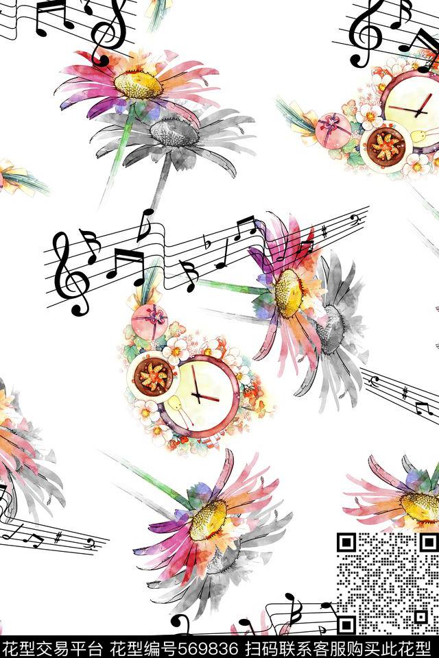 休闲风花卉装饰音符数码印花华亿平台下载（图片编号: 569836） - 瓦栏（Walan）