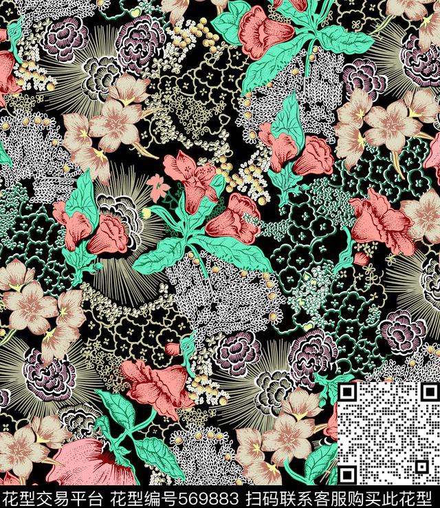 抽象仿古花传统印花华亿平台下载（图片编号: 569883） - 瓦栏（Walan）