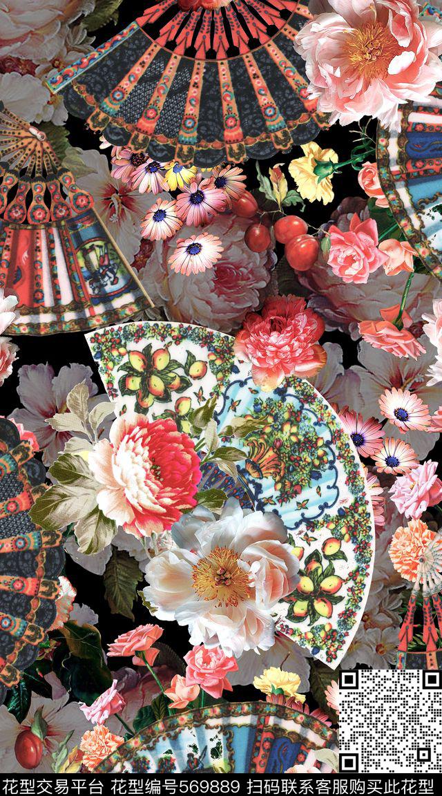 大牌女装华亿平台欧式宫廷风复古折扇油画花卉组合创意数码印花华亿平台下载（图片编号: 569889） - 瓦栏（Walan）