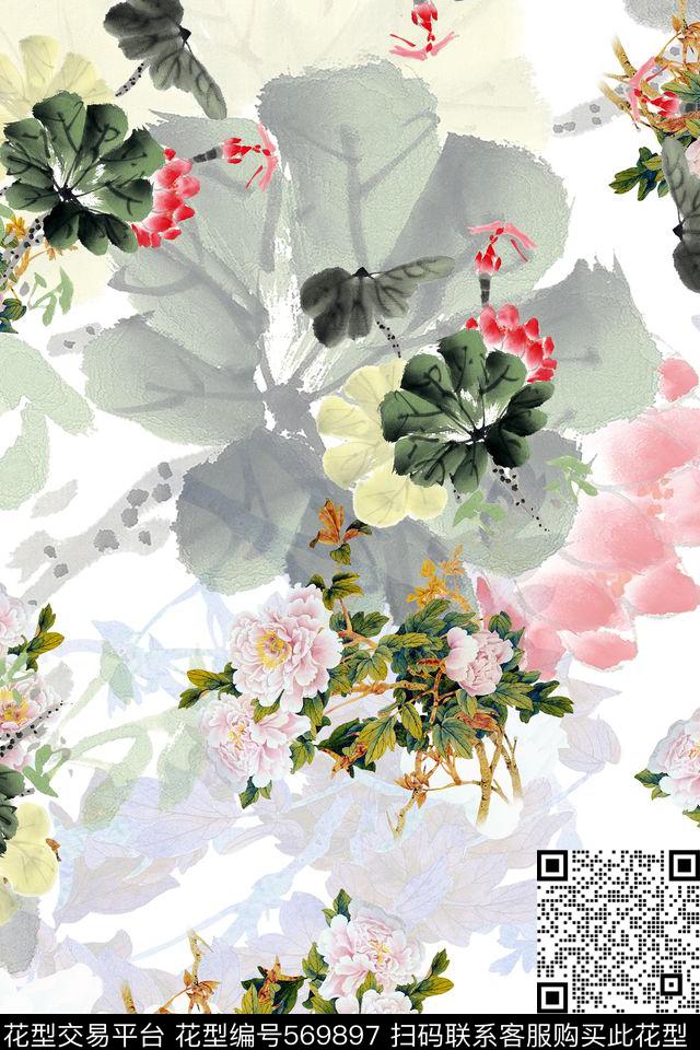 中国风水墨花卉暗纹数码印花华亿平台下载（图片编号: 569897） - 瓦栏（Walan）