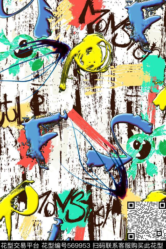 手绘欧美时尚涂鸦艺术字母线条泼墨女装男装衬衫围巾连衣裙T桖H【抽象】传统印花华亿平台下载（图片编号: 569953） - 瓦栏（Walan）