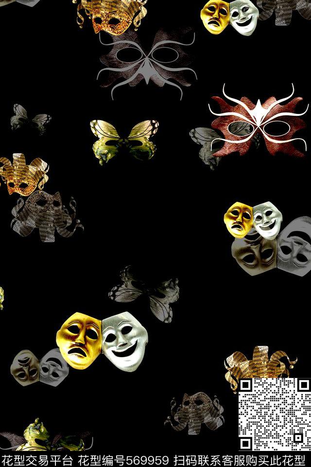 抽象彩色面具四方连续数码印花华亿平台下载（图片编号: 569959） - 瓦栏（Walan）