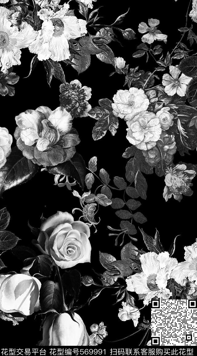 服装印花黑白立体花卉组合数码印花华亿平台下载（图片编号: 569991） - 瓦栏（Walan）