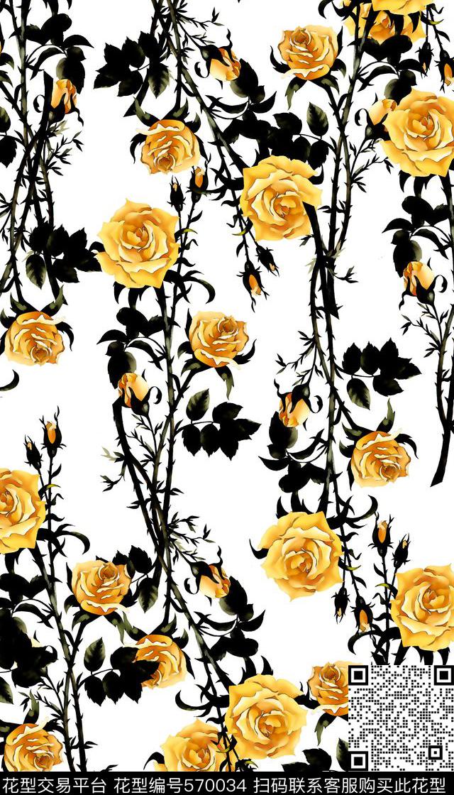 花卉黄色玫瑰玫瑰数码印花华亿平台下载（图片编号: 570034） - 瓦栏（Walan）