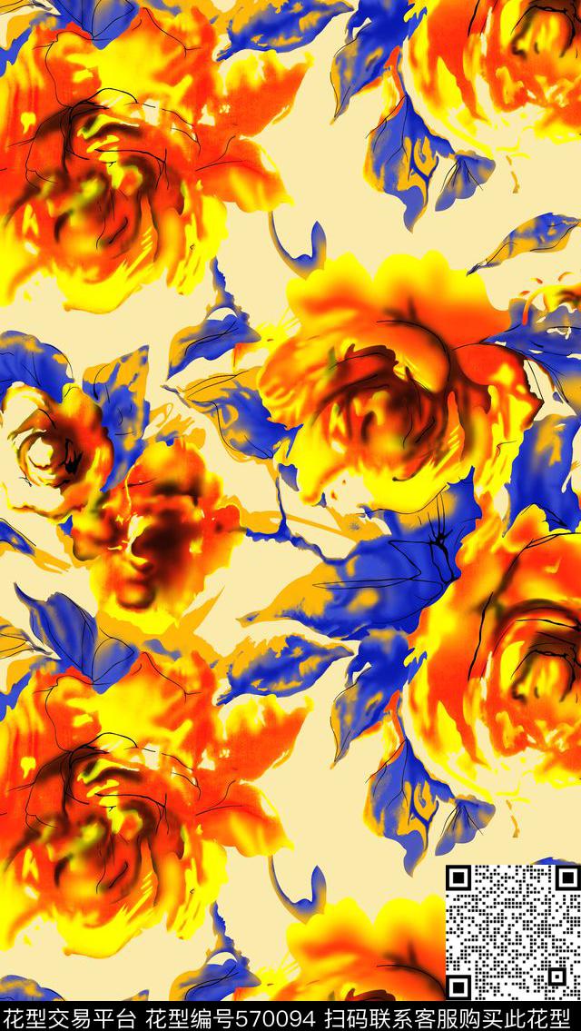 分色大花朵手绘印花传统印花华亿平台下载（图片编号: 570094） - 瓦栏（Walan）