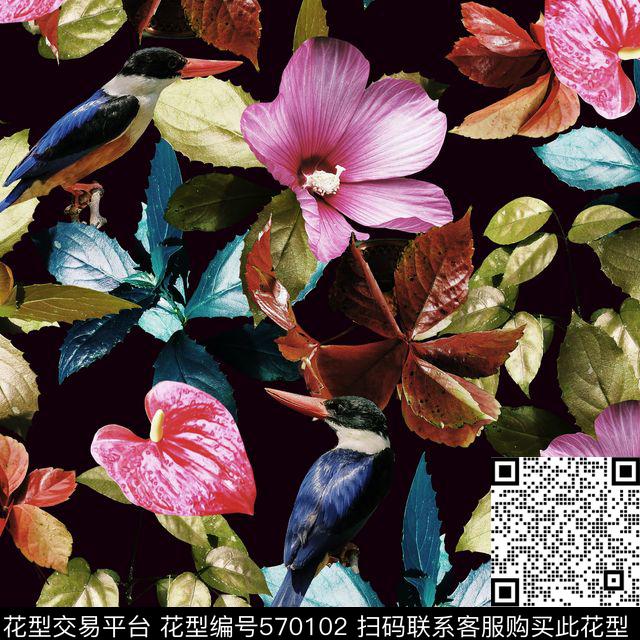 热带花卉热带花、叶子、动物绚丽花园数码印花华亿平台下载（图片编号: 570102） - 瓦栏（Walan）