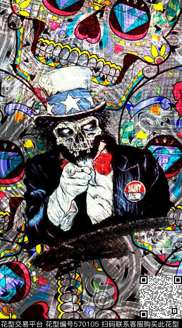 骷髅十字架抽象蛇皮肌理数码印花华亿平台下载（图片编号: 570105） - 瓦栏（Walan）