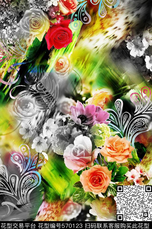 浪漫花卉大花朵花卉数码印花华亿平台下载（图片编号: 570123） - 瓦栏（Walan）