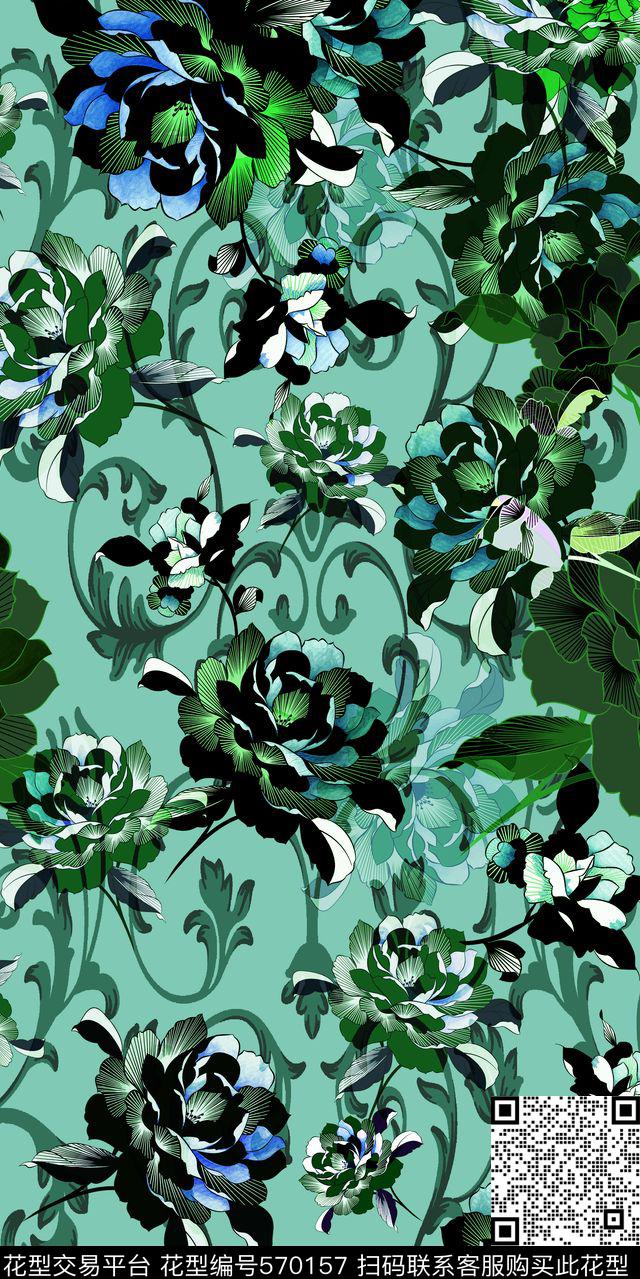 花卉牡丹卷草数码印花华亿平台下载（图片编号: 570157） - 瓦栏（Walan）