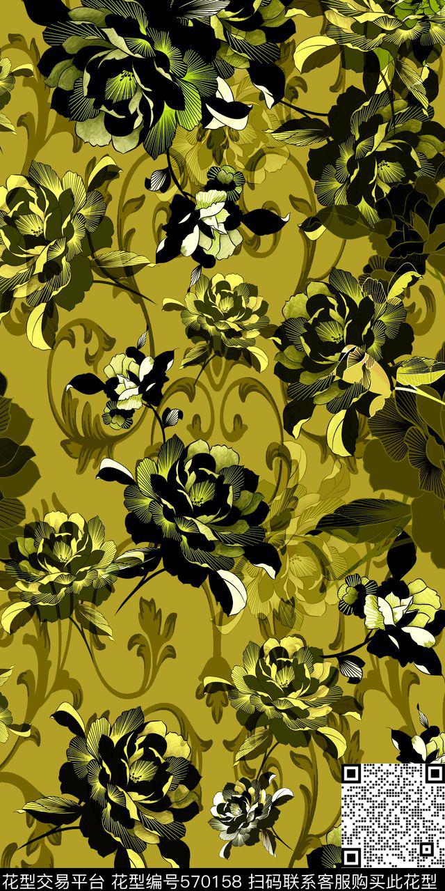 花卉牡丹卷草数码印花华亿平台下载（图片编号: 570158） - 瓦栏（Walan）