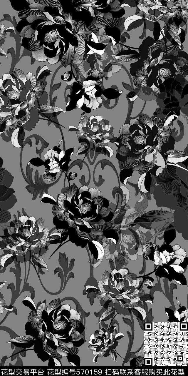 花卉牡丹卷草数码印花华亿平台下载（图片编号: 570159） - 瓦栏（Walan）