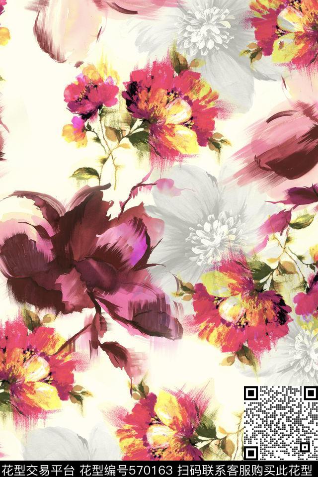时尚潮流小清新大牌手绘花卉组合长裙数码印花数码印花华亿平台下载（图片编号: 570163） - 瓦栏（Walan）