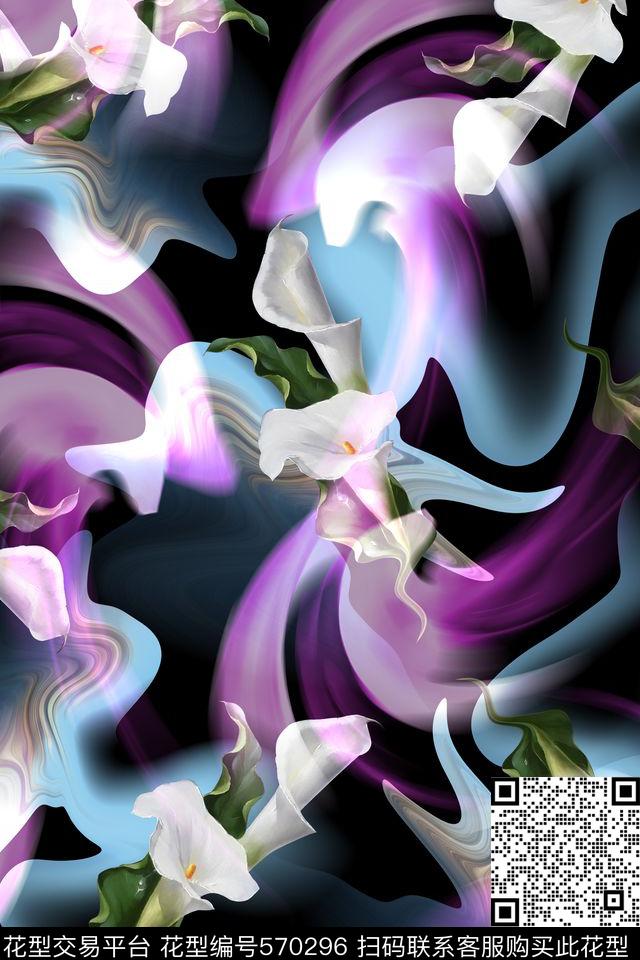 花卉百合云雾数码印花华亿平台下载（图片编号: 570296） - 瓦栏（Walan）