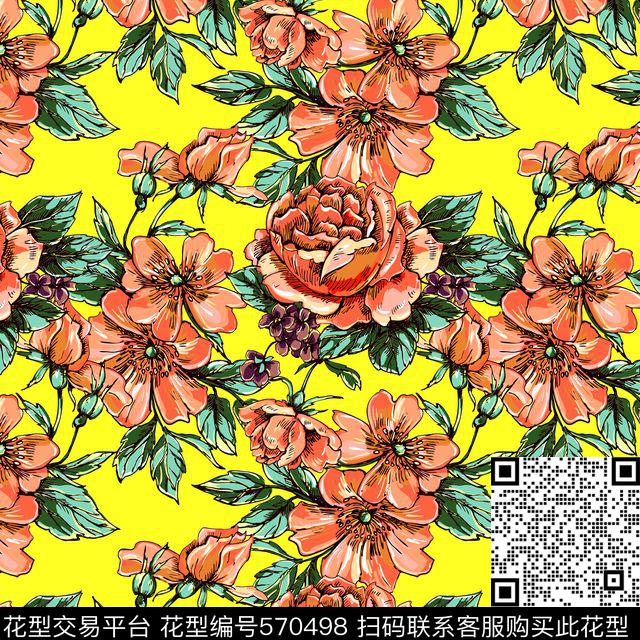浪漫花卉花卉组合大花朵传统印花华亿平台下载（图片编号: 570498） - 瓦栏（Walan）