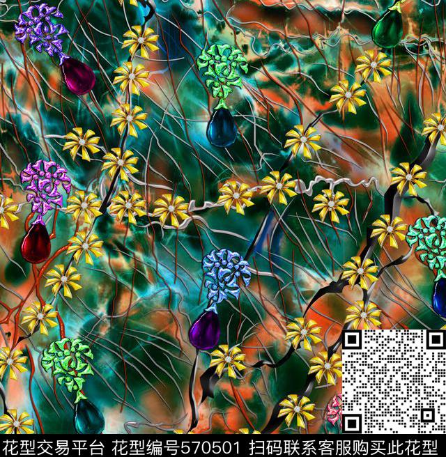 小碎花浪漫花卉几何拼贴数码印花华亿平台下载（图片编号: 570501） - 瓦栏（Walan）