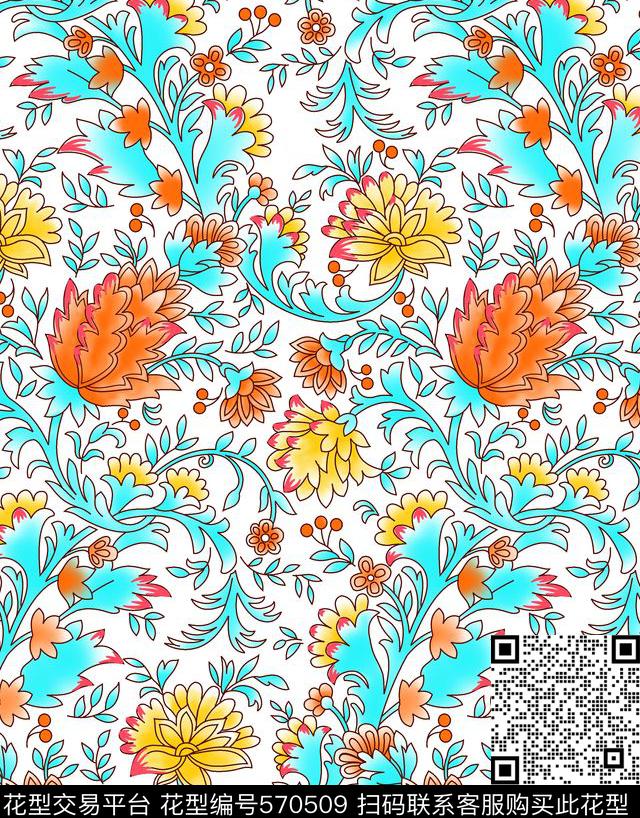 分色小碎花牡丹传统印花华亿平台下载（图片编号: 570509） - 瓦栏（Walan）