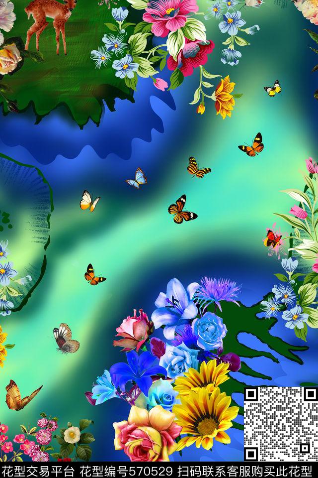 浪漫花卉花鸟花卉数码印花华亿平台下载（图片编号: 570529） - 瓦栏（Walan）