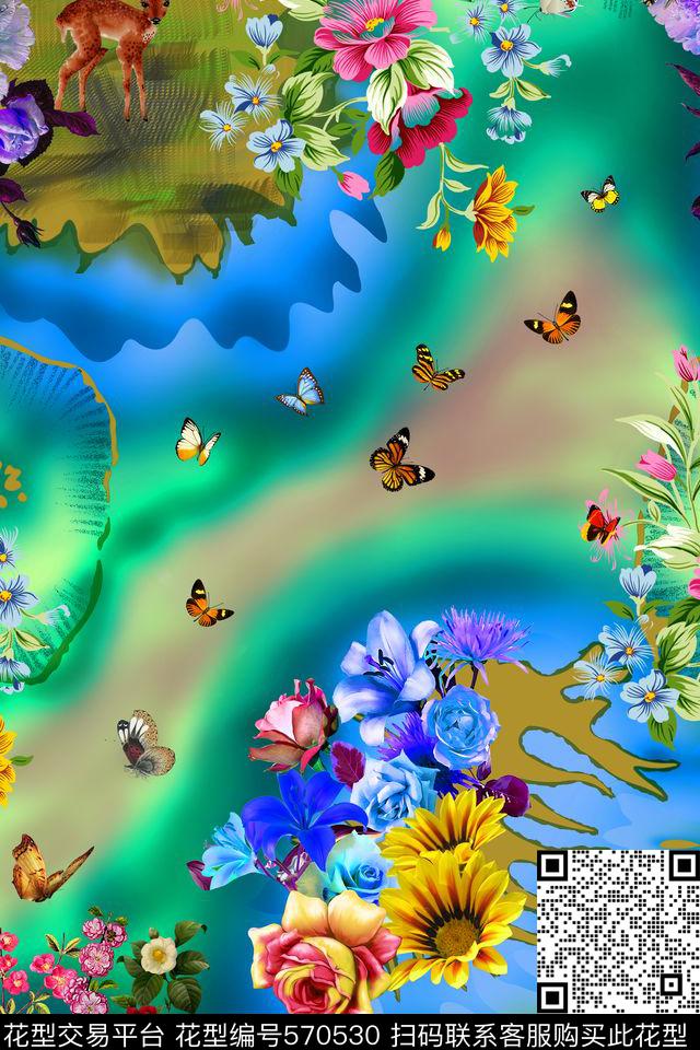 浪漫花卉花鸟花卉数码印花华亿平台下载（图片编号: 570530） - 瓦栏（Walan）