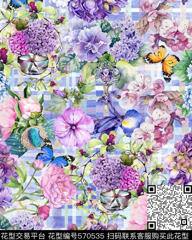 彩色蝴蝶花卉数码印花华亿平台下载（图片编号: 570535） - 瓦栏（Walan）