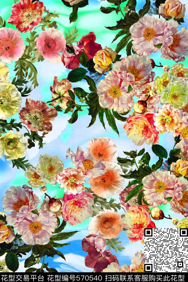 玫瑰花卉组合抽像花卉数码印花华亿平台下载（图片编号: 570540） - 瓦栏（Walan）
