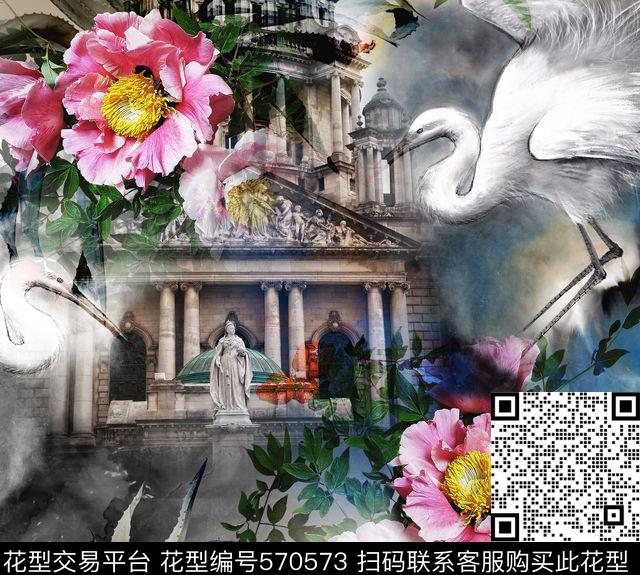 中国风花卉水墨、仙鹤、牡丹数码印花华亿平台下载（图片编号: 570573） - 瓦栏（Walan）