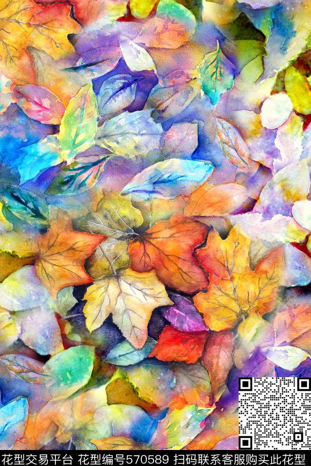 时尚水彩树叶数码印花华亿平台下载（图片编号: 570589） - 瓦栏（Walan）