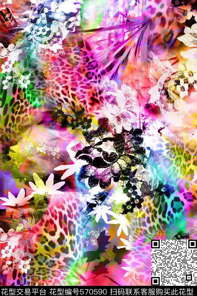 富贵花开豹纹蕾丝数码印花华亿平台下载（图片编号: 570590） - 瓦栏（Walan）