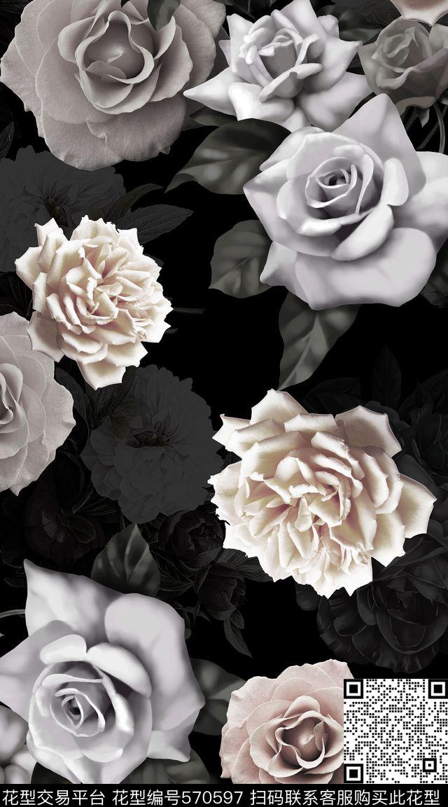 时尚灰系花卉数码印花华亿平台下载（图片编号: 570597） - 瓦栏（Walan）