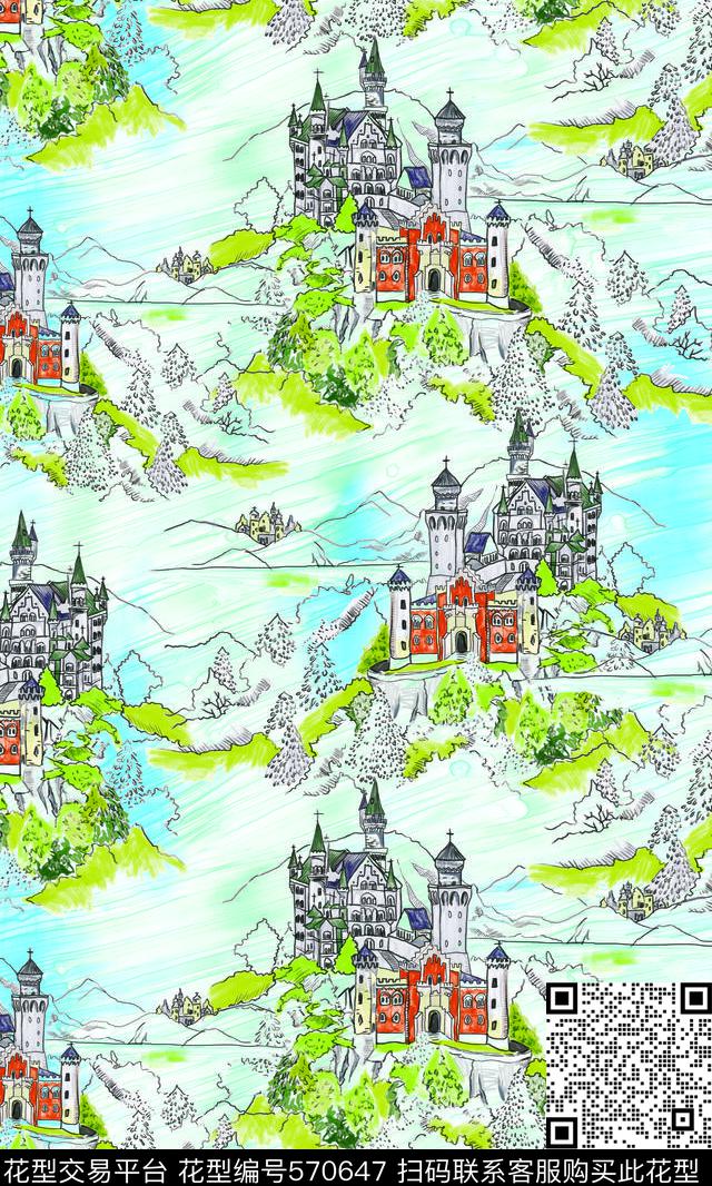 动漫城堡手绘卡通风格婴童印花数码印花华亿平台下载（图片编号: 570647） - 瓦栏（Walan）