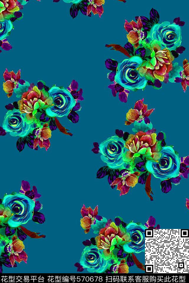 手绘花卉清爽数码印花华亿平台下载（图片编号: 570678） - 瓦栏（Walan）